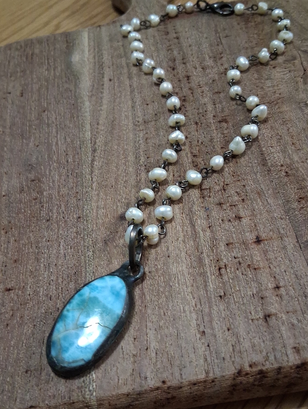Handmade Turquoise Blue Stone Pendant with Pearl Bead Chain